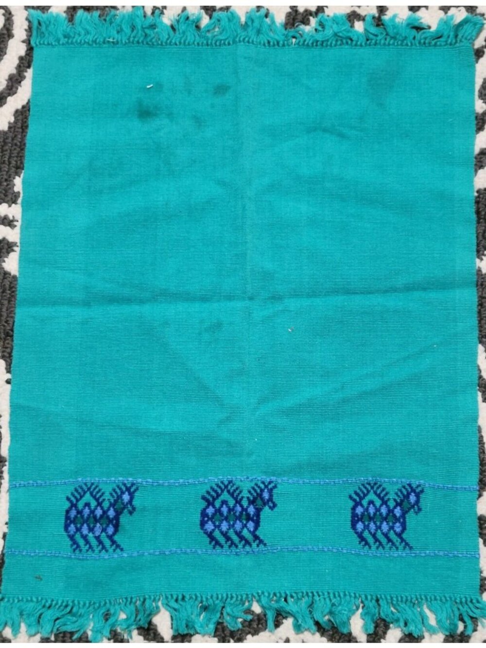 S American Hand Woven Tapestry Table Dresser Scarf Teal Pack Mule Horse 14x20 in